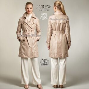 J.Crew Collection Silk Taffeta Buff Beige Double Breasted Belted Trench Coat